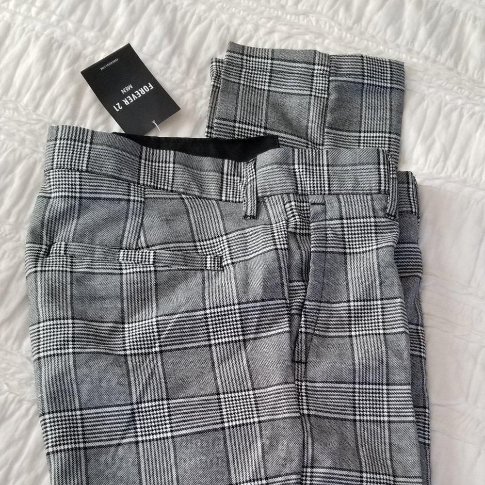 Forever 21 Men's Plaid Print Pants - Grey Black